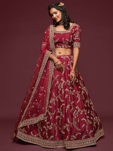 Maroon Thread Embroidery Art Silk Wedding Wear Lehenga Choli
